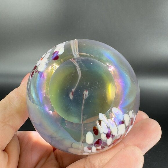Hand Made Art Glass Paperweight Orb Polished Bottom Iridescent Glass Decor VTG - Picture 5 of 15